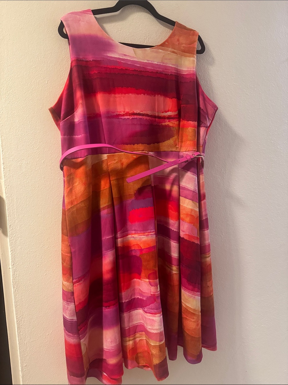 Sleeveless Pink Watercolor-Stripe Dress with Belt